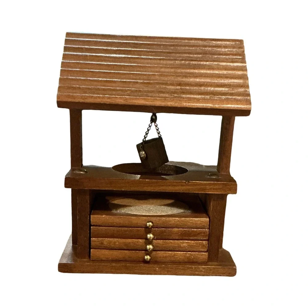 Vintage Wood Wishing Well Coaster Set Rustic Brown Farmhouse Decor 4 Coasters
